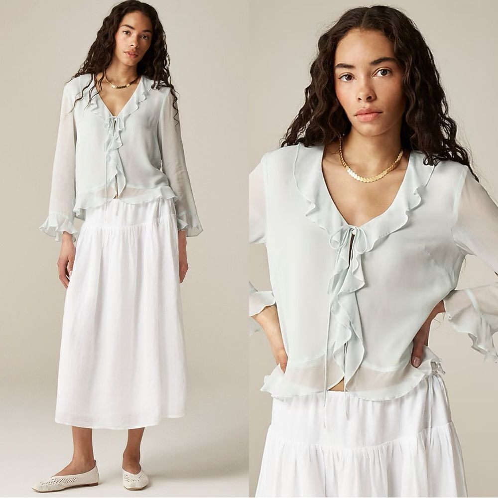 NWT J CREW Ruffle tie-front top in chiffon in Stormy Seafoam